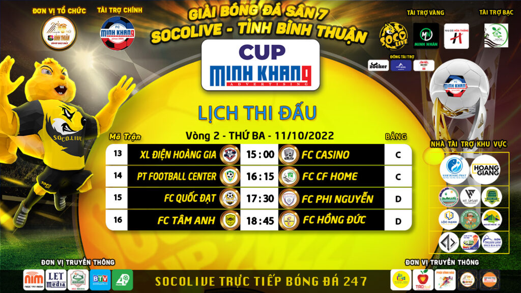 Lịch thi đấu vòng 2 bảng C, D Giải sân 7 Bình Thuận Socolive Cup Minh Khang