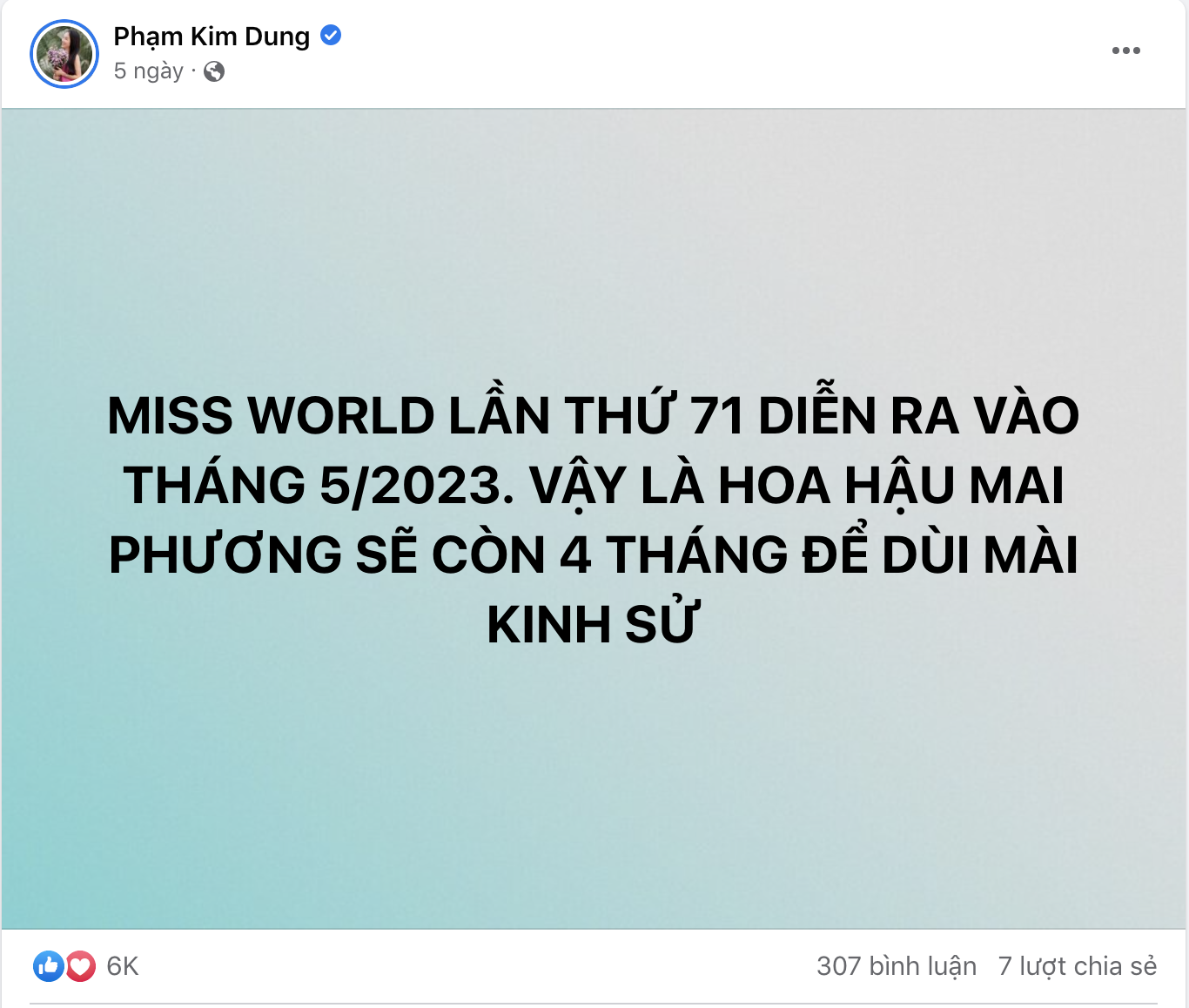 Cách đây 5 ngày "Dì Dung" còn đăng bài viết về việc Mai Phương sẽ đại diện Việt Nam chinh chiến Miss Word